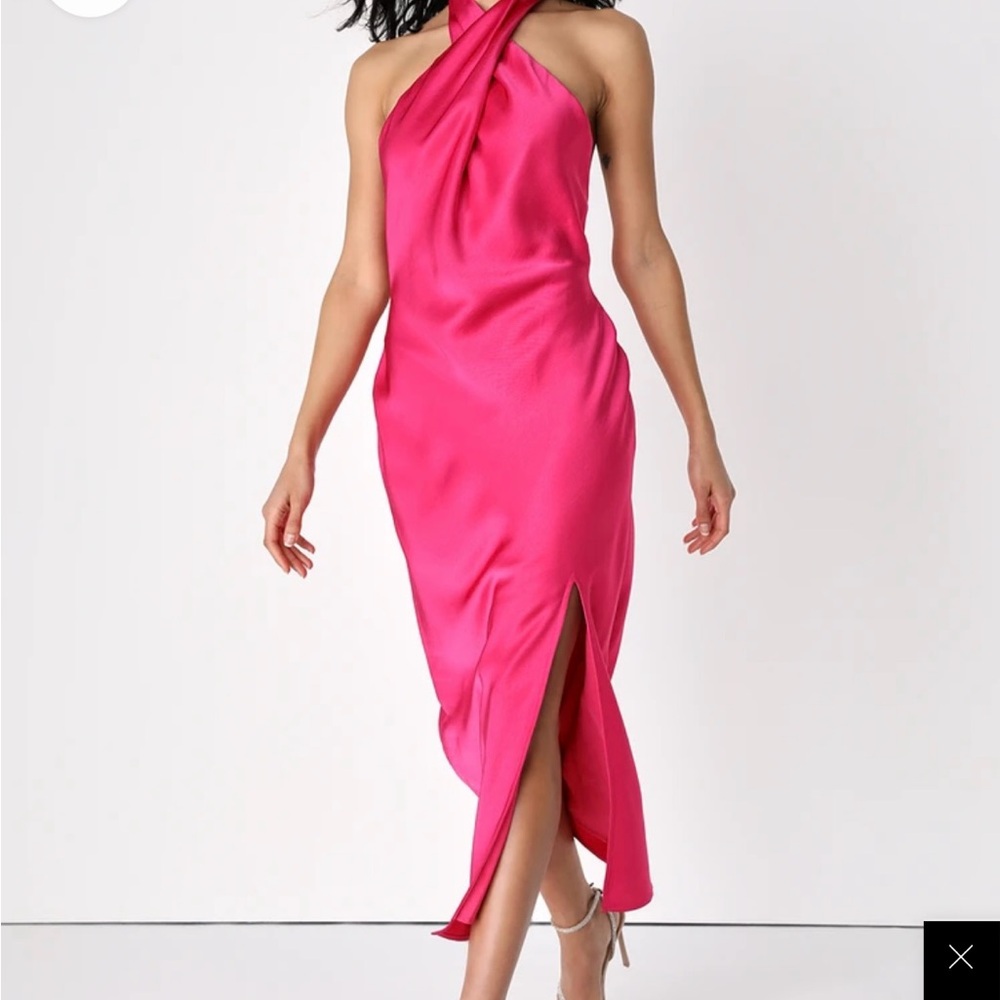 Vibrant Pink Backless Maxi Dress with Slit and Halter Neckline for Cocktail